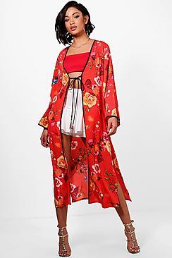 Boohoo Alice Red Floral Tie Kimono