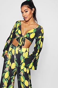 Boohoo Lemon Print Flare Sleeve Tie Front Top