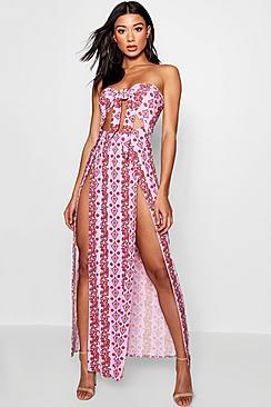 Boohoo Karly Striped Knot Front Split Maxi Dress