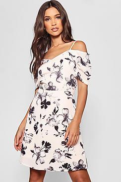 Boohoo Cold Shoulder Floral Skater Dress