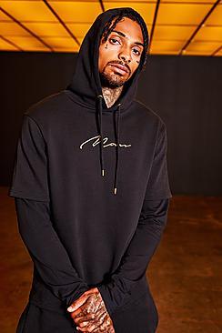 Boohoo Gold Man Embroidered Faux Layered Hoodie