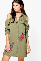 Boohoo Jen Cold Shoulder Embroidered Shirt Dress