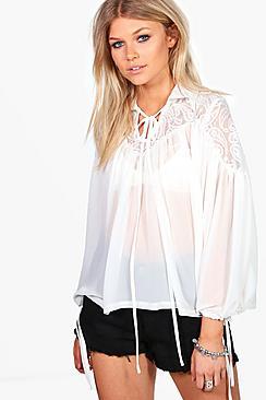 Boohoo Petite Georgia Lace Panel Tie Neck Blouse