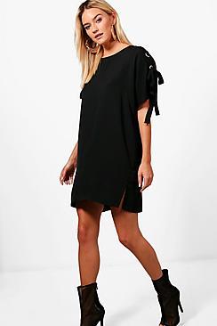 Boohoo Eyelet Lace Up Shift Dress