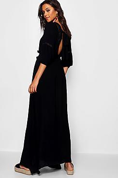 Boohoo Adrina Shirred Waist Open Back Boho Midi Dress