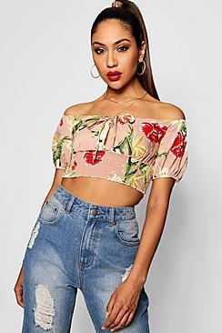 Boohoo Anna Bardot Floral Puff Sleeve Shirred Crop