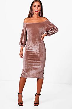 Boohoo Petite Puff Sleeve Velvet Bodycon Dress