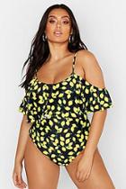 Boohoo Plus Lemon Print Drape Sleeve Swimsuit