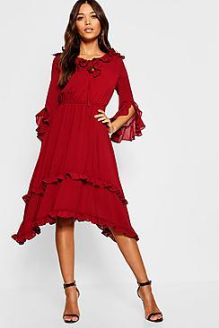 Boohoo Ruffle Detail Hanky Hem Midi Dress