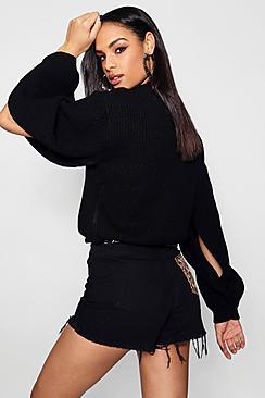 Boohoo Amelia Knitted Balloon Split Sleeve Crop Jumper