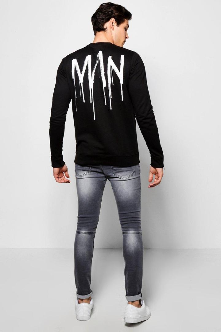 Boohoo Man Back Print Sweater With Side Zips Black