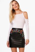 Boohoo Aria Embroidered Detail Leather Look Mini Skirt Black