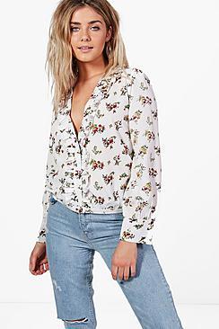 Boohoo Freya Floral Ruffle Front Shirt