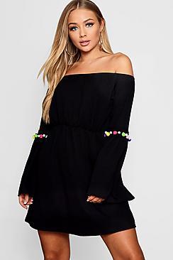 Boohoo Adele Flared Sleeve Pom Pom Trim Shift Dress