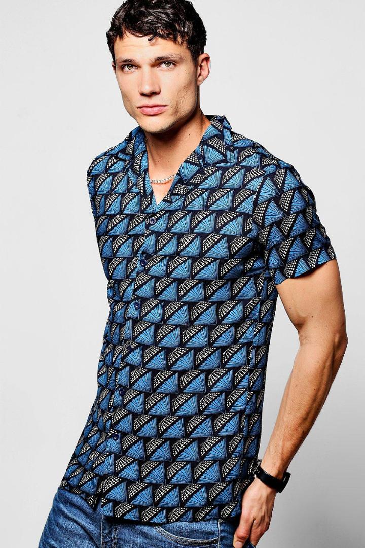 Boohoo Navy Fan Print Short Sleeve Revere Shirt Navy