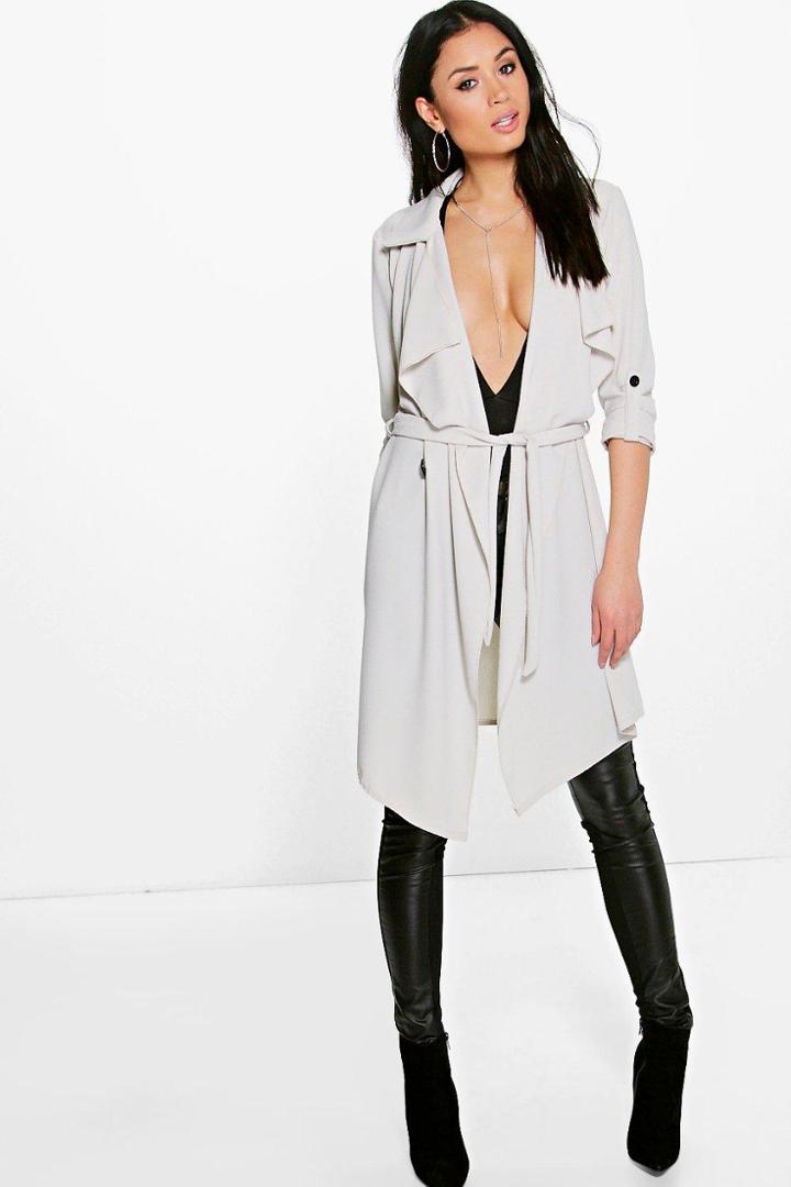Boohoo Maisie Waterfall Belted Trench Stone