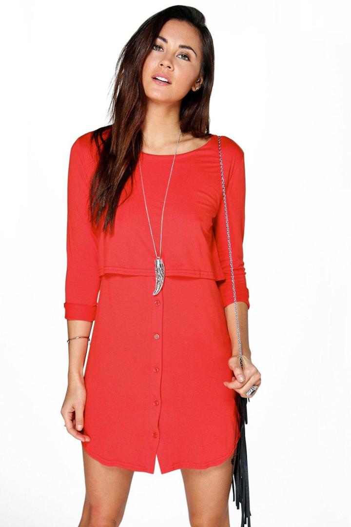 Boohoo Lilly Double Layer Long Sleeve Shift Dress Poppy