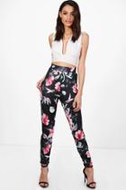 Boohoo Beau Floral Stretch Skinny Trousers Black
