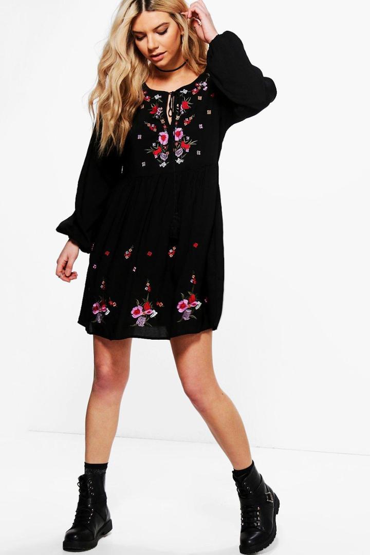 Boohoo Lottie Embroidered Smock Dress Black