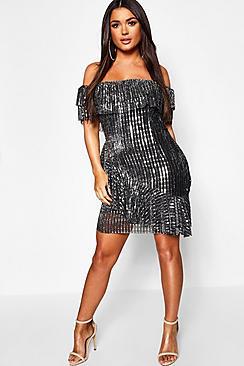 Boohoo Metallic Pleated Off The Shoulder Frill Dress