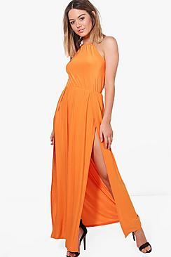 Boohoo Petite Amy Halterneck Split Leg Slinky Maxi Dress