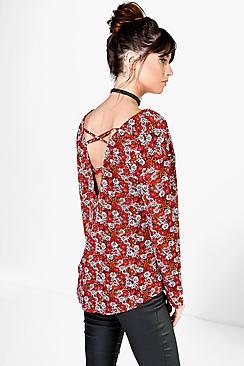 Boohoo Lacey Floral Print Cross Back Detail Blouse
