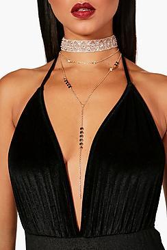Boohoo Ani Embroidered Choker And Plunge Necklace Set