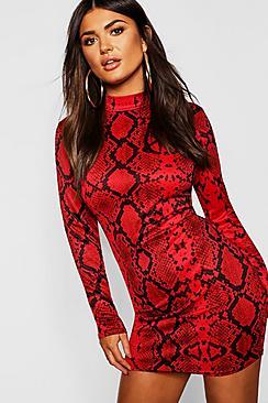 Boohoo Red Snake Bodycon Mini Dress