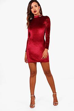 Boohoo Jenna Velvet High Neck Long Sleeve Bodycon Dress