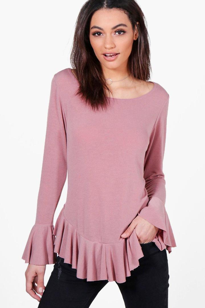 Boohoo Phoebe Ruffle Hem & Cuff Knitted Top Blush