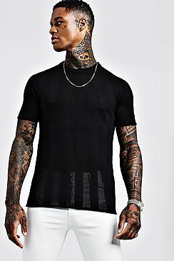 Boohoo Vertical Stripe Mesh Knitted T-shirt