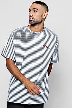 Boohoo Oversized Yarn Dye Stripe Tee With Slogan Embroidery