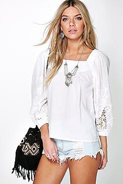 Boohoo Bella Embroidered Sleeve Smock Blouse