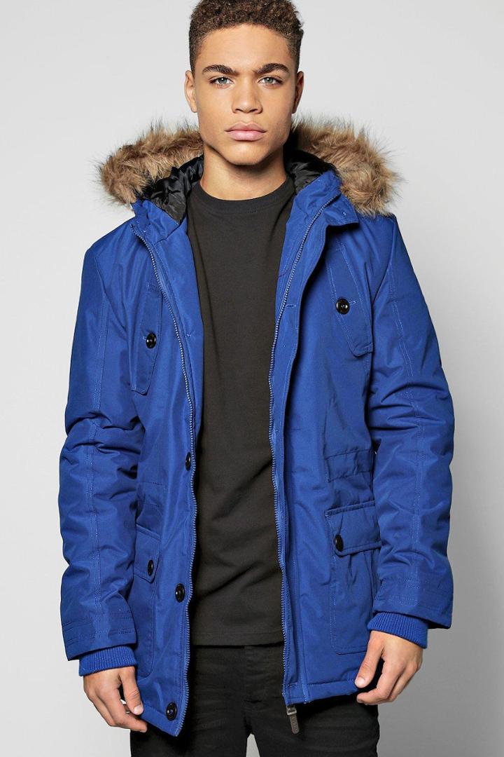 Boohoo Multi Pocket Parka With Faux Fur Hood Royal