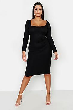 Boohoo Plus Rib Long Sleeve Midi Dress