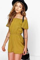 Boohoo Lola Off The Shoulder Woven Playsuit Olive