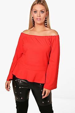 Boohoo Plus Lora Off The Shoulder Ruffle Hem Top
