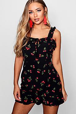 Boohoo Mia Cherry Print Frill Detail Tea Dress