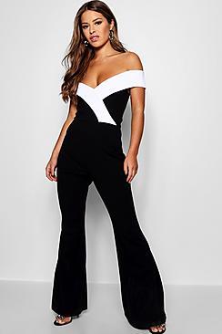 Boohoo Petite Emily Contrast Lapel Bardot Jumpsuit