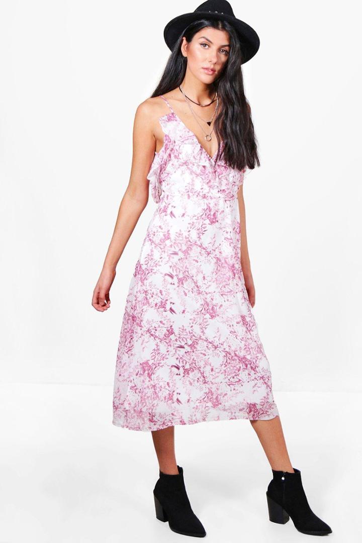 Boohoo Rita Chiffon Printed Midi Skater Dress Orange