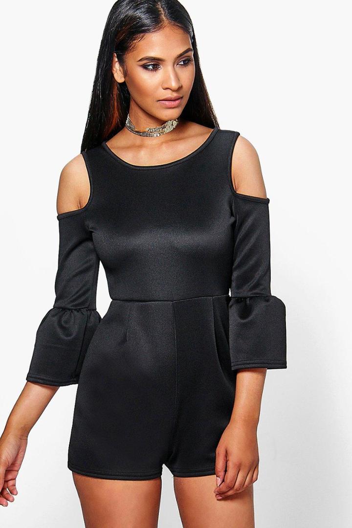 Boohoo Gaby Open Shoulder Ruffle Sleeve Playsuit Black
