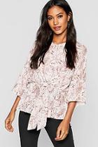 Boohoo Snake Print Tie Front Blouse