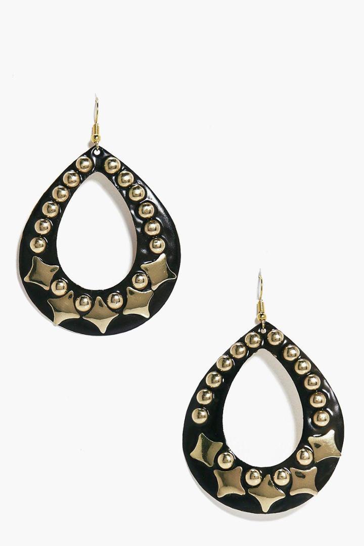 Boohoo Lois Studded Wooden Hoop Boho Earrings Black