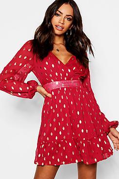 Boohoo Wrap Front Metallic Polka Dot Skater Dress