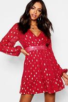 Boohoo Wrap Front Metallic Polka Dot Skater Dress