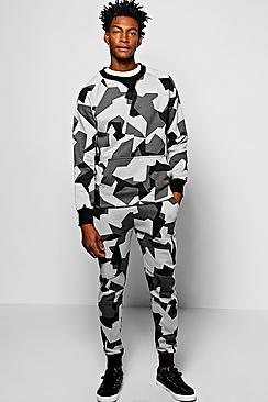 Boohoo Skinny Fit Geo Camo Sweat Tracksuit