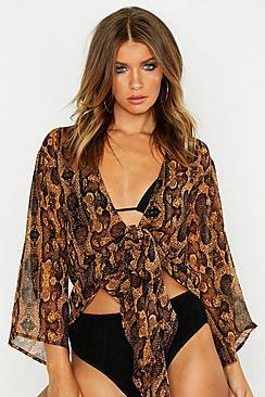 Boohoo Snake Print Tie Waist Chiffon Beach Top