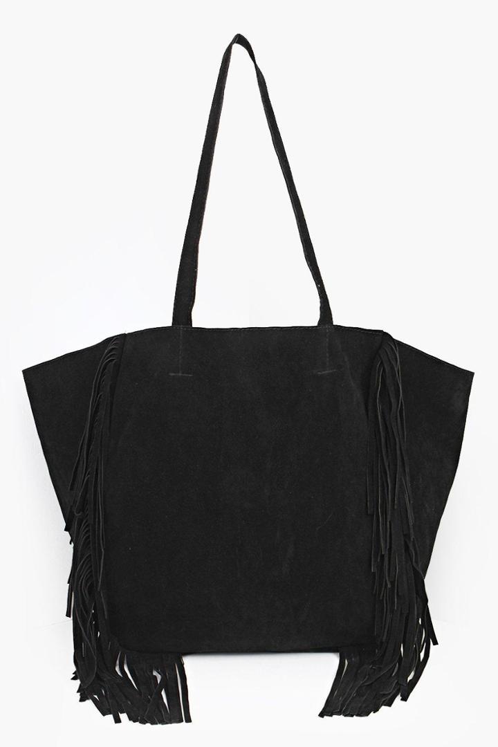 Boohoo Jessica Winged Fringed Suedette Shopper Bag Black