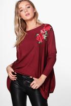 Boohoo Emma Embroidery Knitted Batwing Top Wine