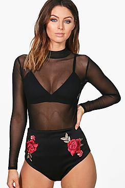 Boohoo Danielle Embroidered Hot Pant & Mesh Body Co-ord Set